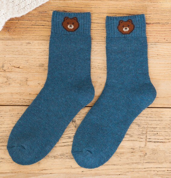 Women's Blue Thick Polyester Socks with Bears