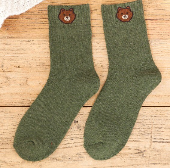 Women's Green Thick Socks with Bears