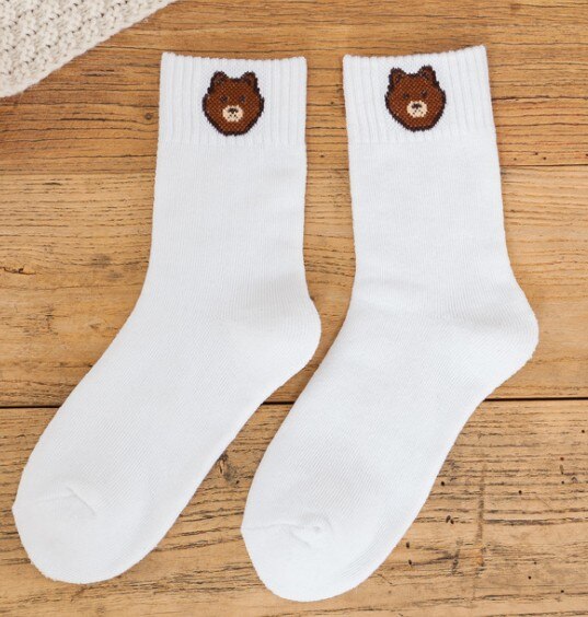 Women's White Wool Socks with Bear Design