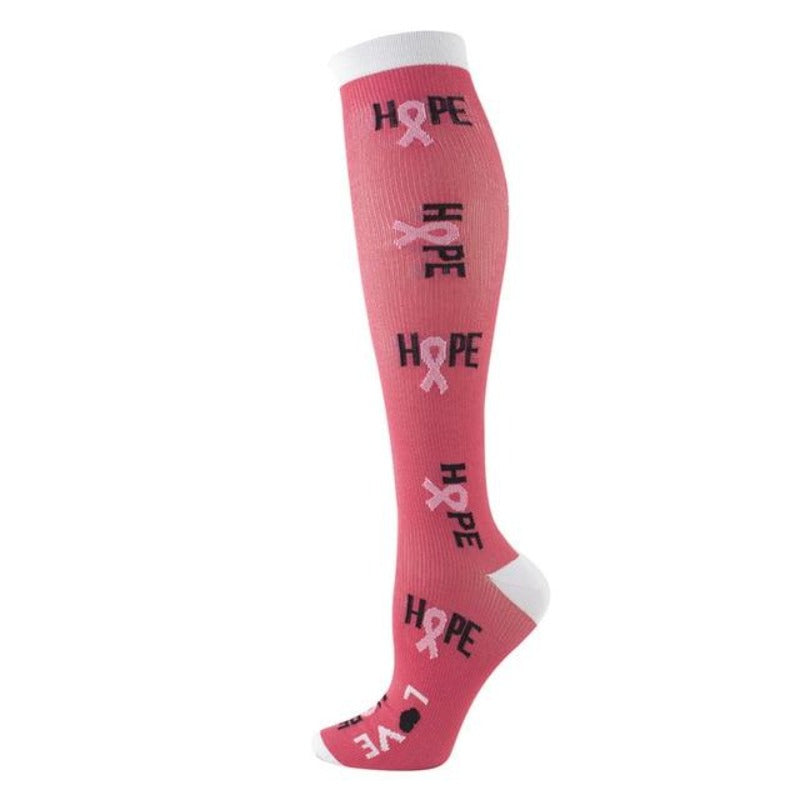 Hot pink nursing compression socks with breast cancer design