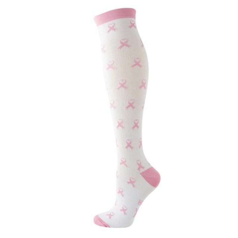 Nursing compression socks with breast cancer ribbon