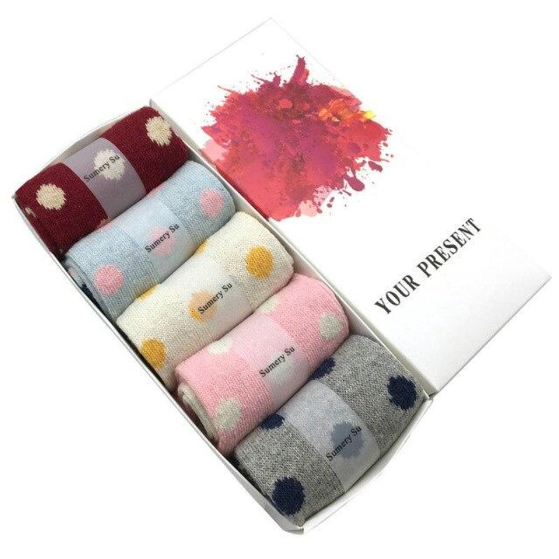 5 Pairs of Multicolored Polka Dot Cashmere Socks for Women